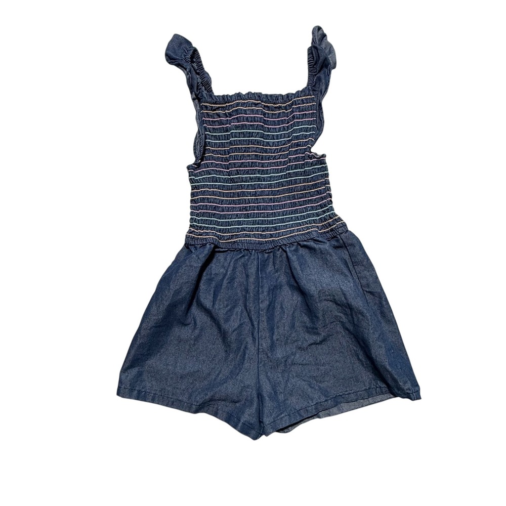 Picapino Girls Denim look Smocked Romper Blue Rainbow Stitching Size 10